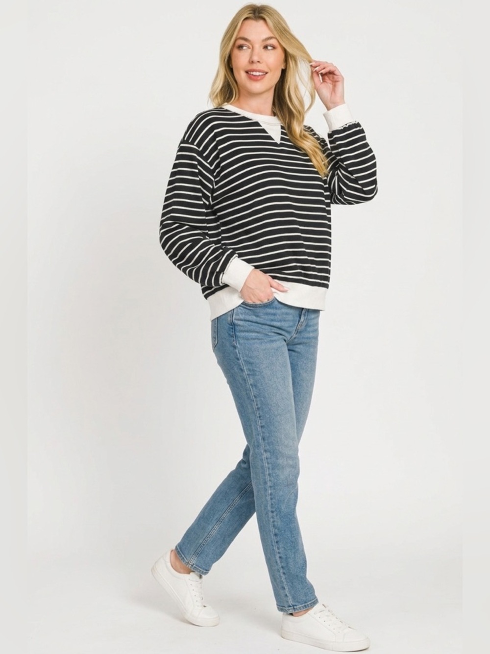 Zenana Striped Rib Banded Sweatshirt - Picture 2 of 4